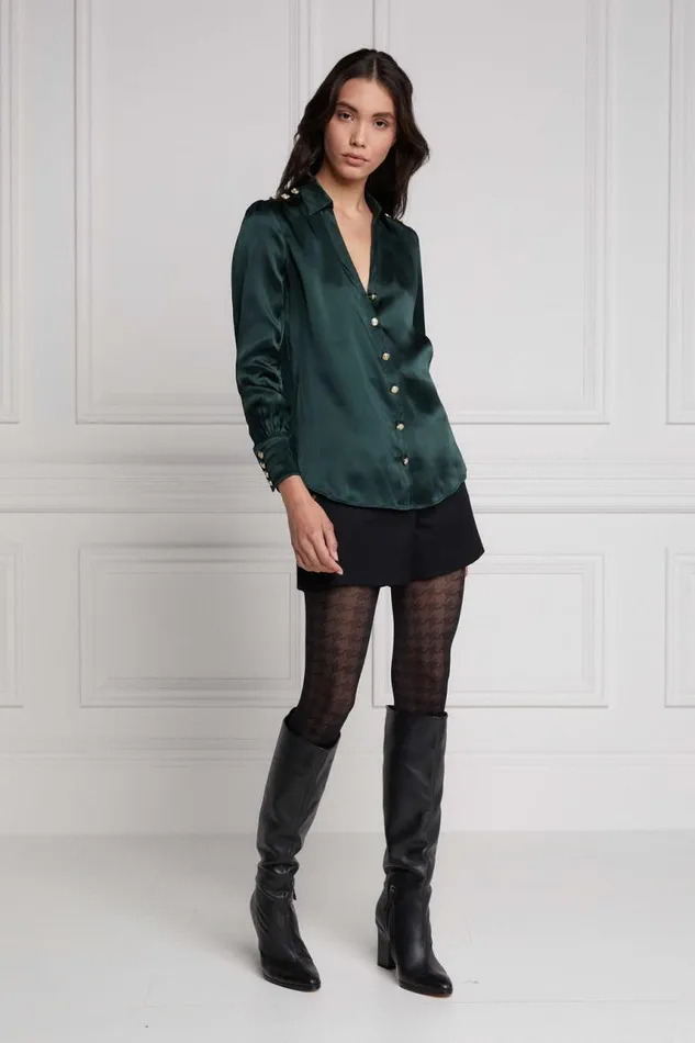 Women Shirts and Blouses Holland Cooper Silk VNeck Blouse Emerald
