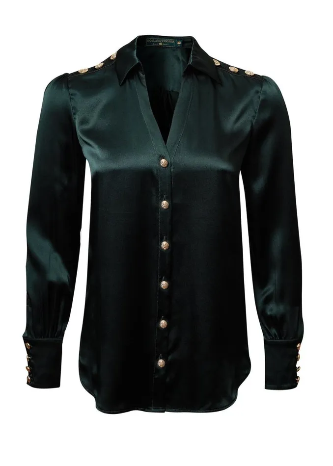 Women Shirts and Blouses Holland Cooper Silk VNeck Blouse Emerald