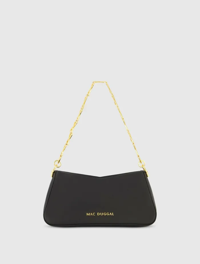 Women Shoulder Bags Mac Duggal Gold Strap Small Black Nappa Leather Shoulder Bag 8211 FINAL SALE Black