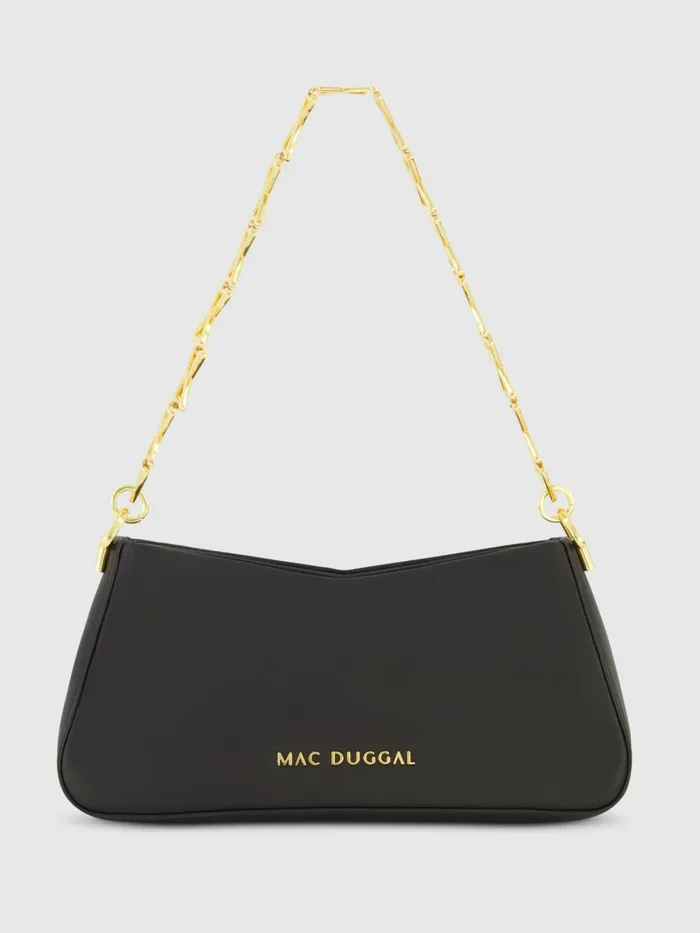 Women Shoulder Bags Mac Duggal Gold Strap Small Black Nappa Leather Shoulder Bag 8211 FINAL SALE Black