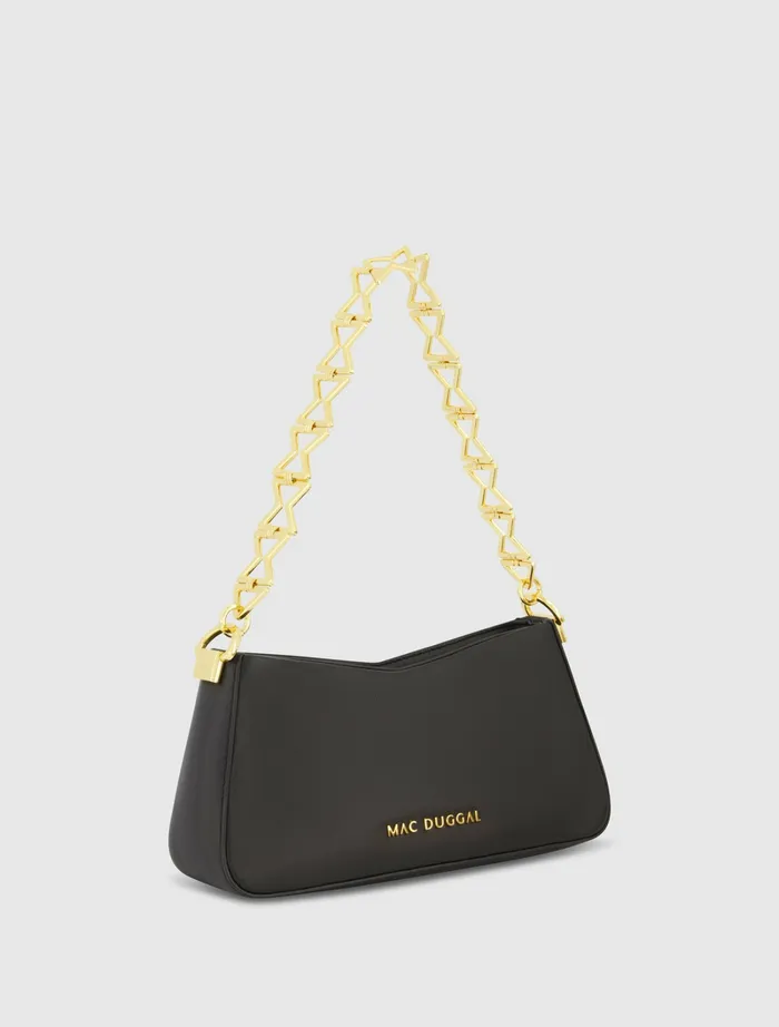 Women Shoulder Bags Mac Duggal Gold Strap Small Black Nappa Leather Shoulder Bag 8211 FINAL SALE Black