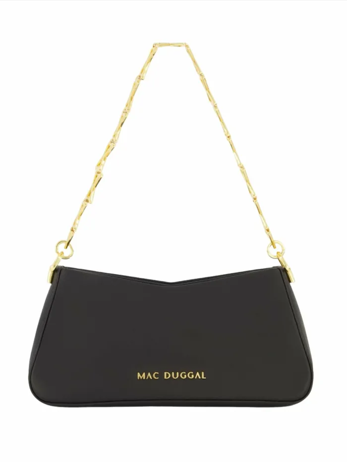 Women Shoulder Bags Mac Duggal Gold Strap Small Black Nappa Leather Shoulder Bag 8211 FINAL SALE Black