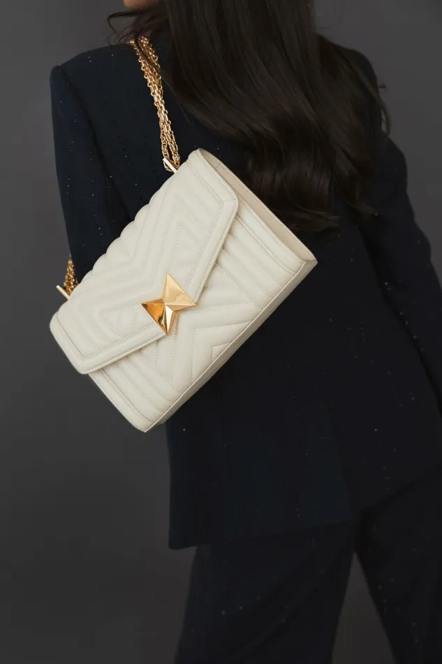 Women Shoulder Bags Mac Duggal Quilted Napa Leather Handbag With Gold Chain 8211 FINAL SALE Ecru