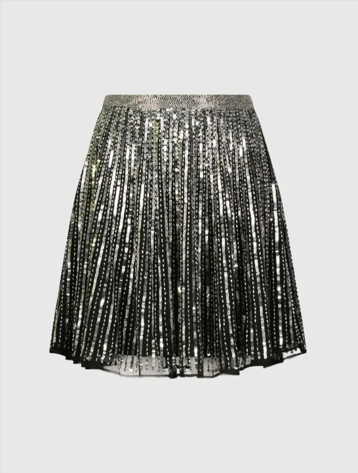 Women Skirts Mac Duggal Sequin Embellished Chiffon Aline Mini Skirt Black Silver
