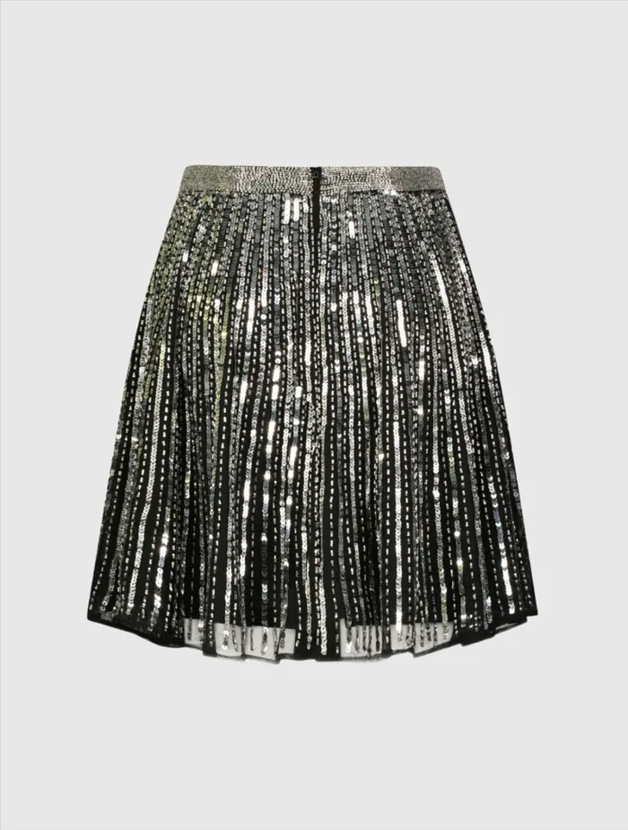 Women Skirts Mac Duggal Sequin Embellished Chiffon Aline Mini Skirt Black Silver