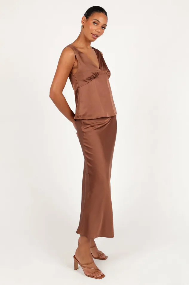 Women Skirts Petal and Pup Nellie Satin Midi Skirt Banksia Brown