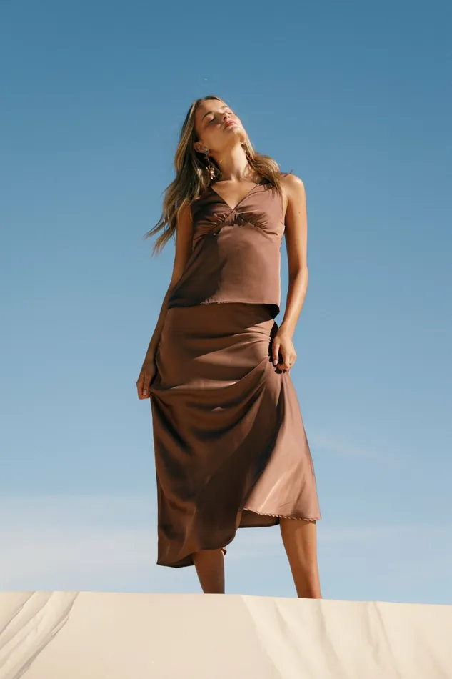 Women Skirts Petal and Pup Nellie Satin Midi Skirt Banksia Brown