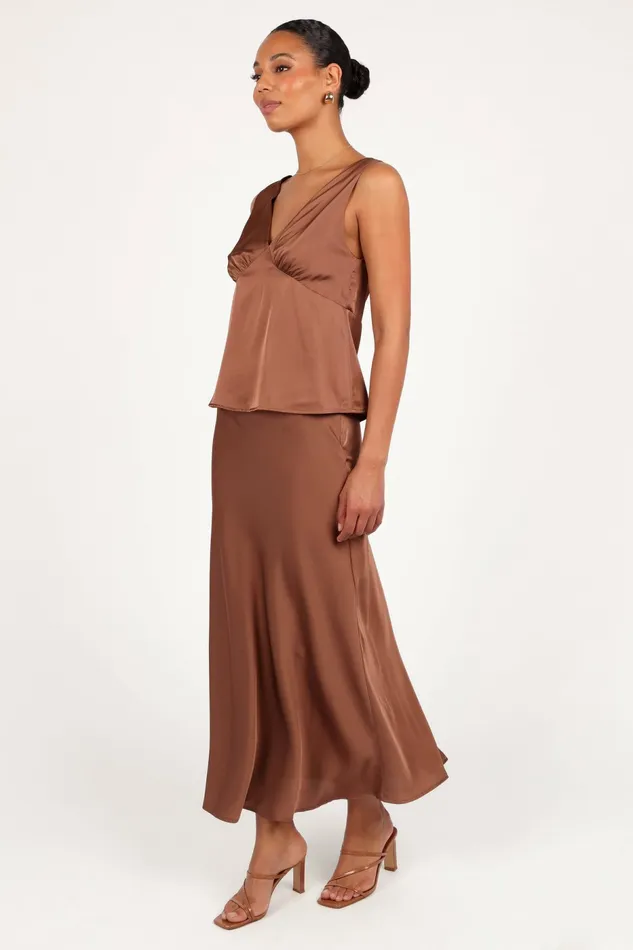Women Skirts Petal and Pup Nellie Satin Midi Skirt Banksia Brown