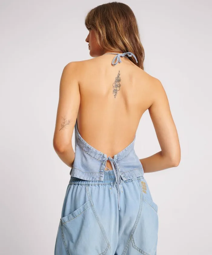 Women SOFT BLUE TENCEL HALTER TOP One Teaspoon Tops Women SOFT BLUE TENCEL HALTER TOP One Teaspoon Tops