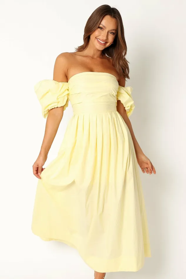 Women Solana Off Shoulder Midi Dress Yellow Off The Shoulder Dresses Petal and Pup