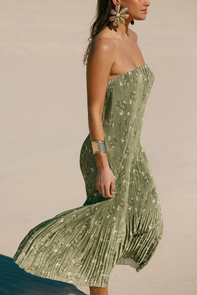Women Strapless Dresses Petal and Pup Sylvie Strapless Midi Dress Sage Botanical