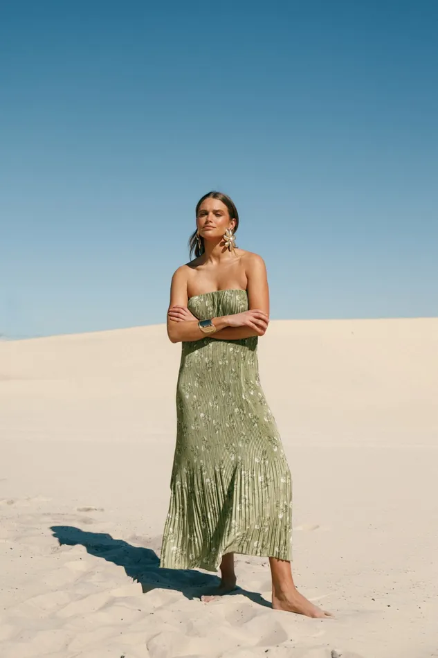 Women Strapless Dresses Petal and Pup Sylvie Strapless Midi Dress Sage Botanical