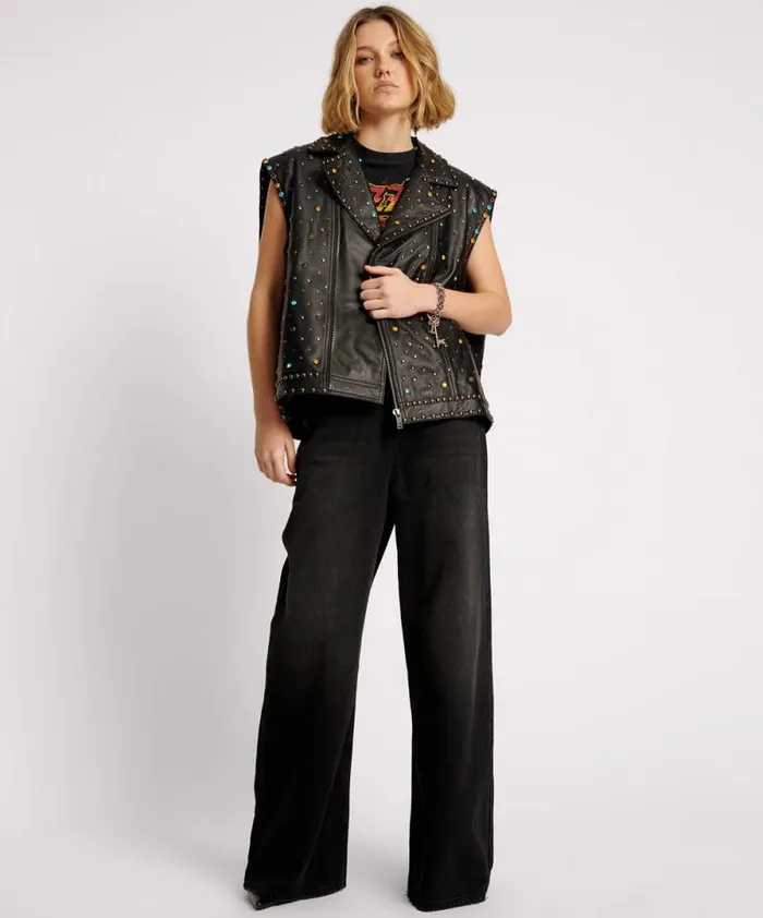 Women STUDDED JEWEL LEATHER EAGLE PUNK SLEEVELESS JACKET One Teaspoon Jackets Women STUDDED JEWEL LEATHER EAGLE PUNK SLEEVELESS JACKET One Teaspoon Jackets