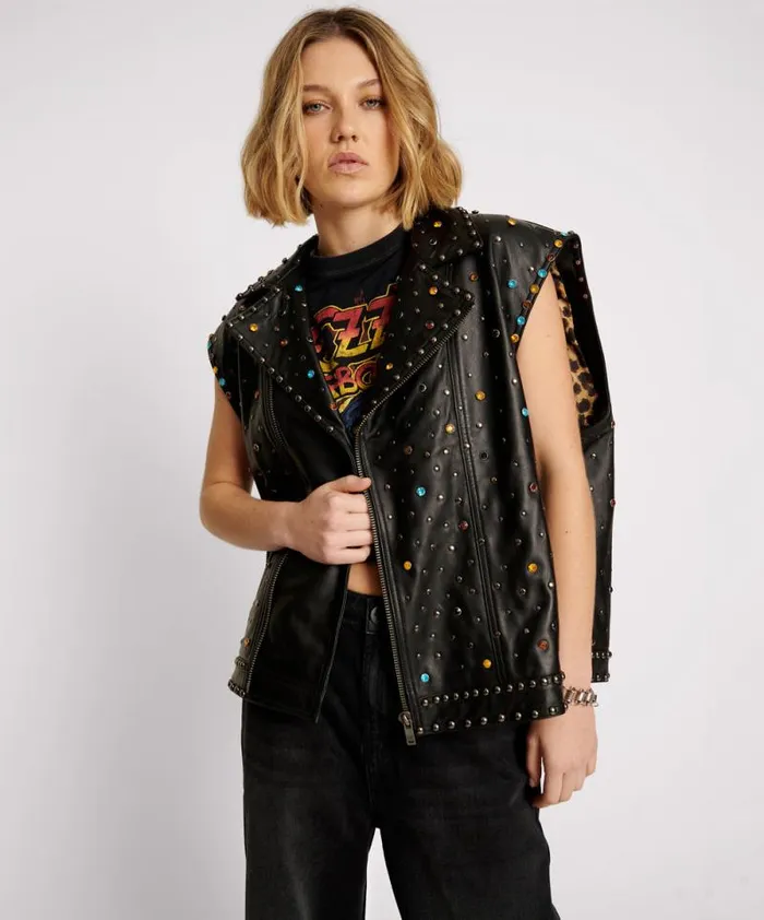 Women STUDDED JEWEL LEATHER EAGLE PUNK SLEEVELESS JACKET One Teaspoon Jackets Women STUDDED JEWEL LEATHER EAGLE PUNK SLEEVELESS JACKET One Teaspoon Jackets