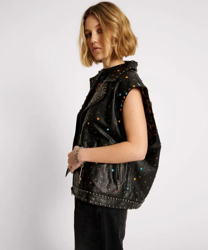 Women STUDDED JEWEL LEATHER EAGLE PUNK SLEEVELESS JACKET One Teaspoon Jackets Women STUDDED JEWEL LEATHER EAGLE PUNK SLEEVELESS JACKET One Teaspoon Jackets