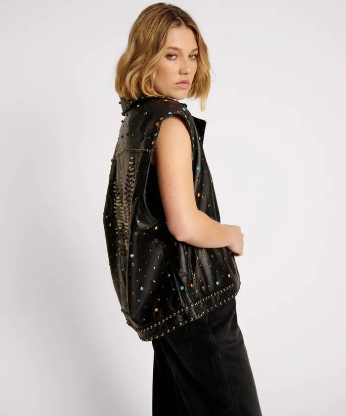 Women STUDDED JEWEL LEATHER EAGLE PUNK SLEEVELESS JACKET One Teaspoon Jackets Women STUDDED JEWEL LEATHER EAGLE PUNK SLEEVELESS JACKET One Teaspoon Jackets