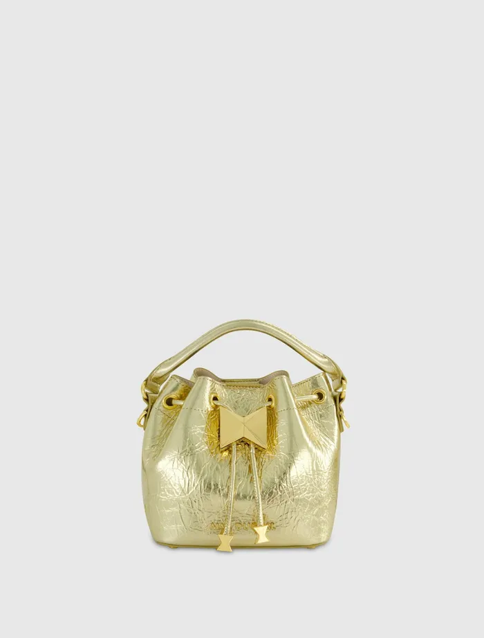 Women Top Handle Bags Mac Duggal Crinkle Metallic Gold Leather Mini Bucket Bag with Detachable Strap 8211 Gold