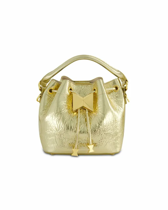 Women Top Handle Bags Mac Duggal Crinkle Metallic Gold Leather Mini Bucket Bag with Detachable Strap 8211 Gold