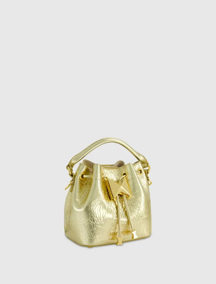 Women Top Handle Bags Mac Duggal Crinkle Metallic Gold Leather Mini Bucket Bag with Detachable Strap 8211 Gold