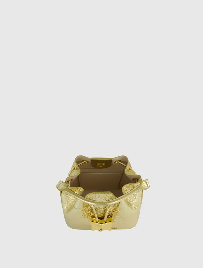 Women Top Handle Bags Mac Duggal Crinkle Metallic Gold Leather Mini Bucket Bag with Detachable Strap 8211 Gold