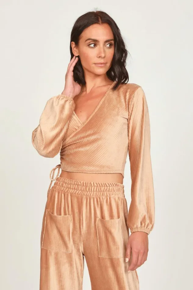 Women Vintage Havana Casual Tops Camel Velour Surplice Top Camel