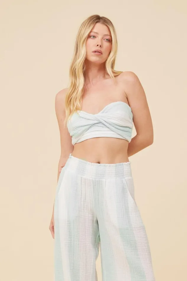 Women Vintage Havana Casual Tops Mint and White Cabana Stripe Gauze Bandeau Crop Top Mint White Women Vintage Havana Casual Tops Mint and White Cabana Stripe Gauze Bandeau Crop Top Mint White