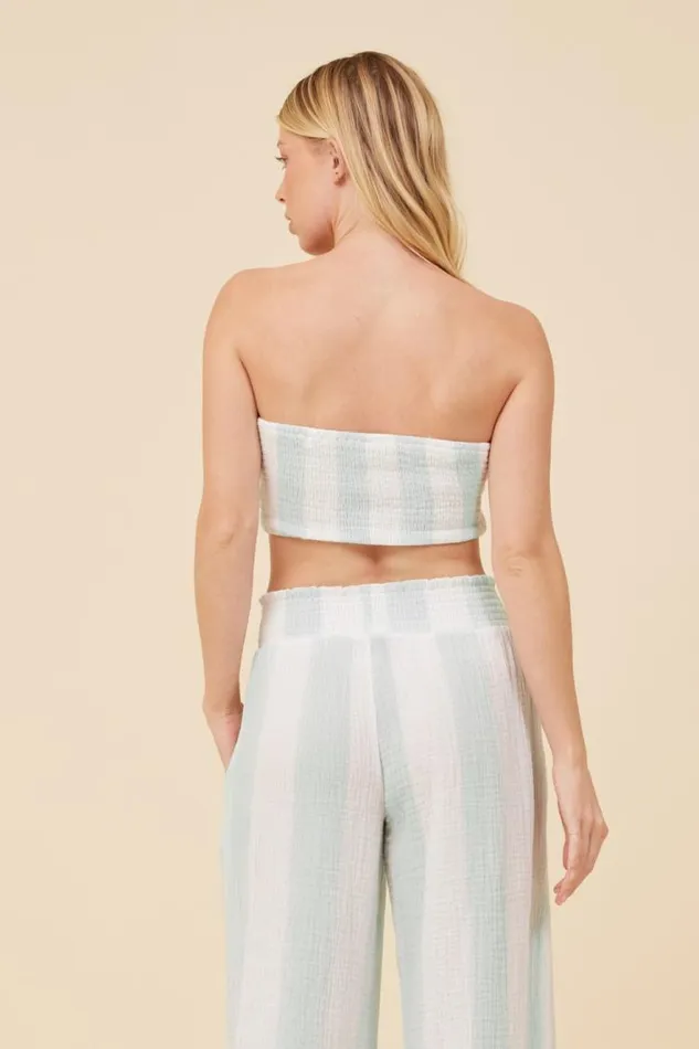 Women Vintage Havana Casual Tops Mint and White Cabana Stripe Gauze Bandeau Crop Top Mint White