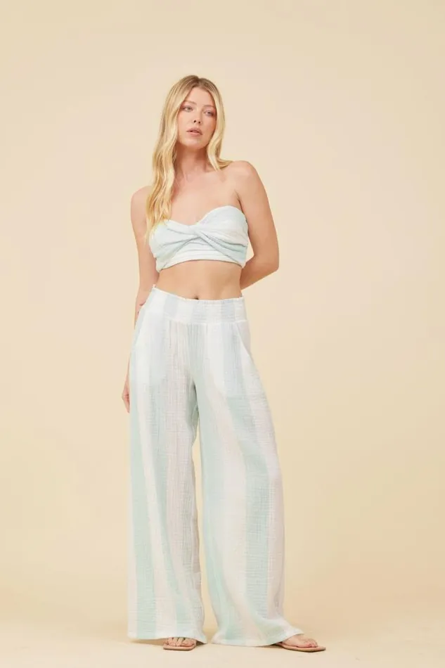 Women Vintage Havana Casual Tops Mint and White Cabana Stripe Gauze Bandeau Crop Top Mint White