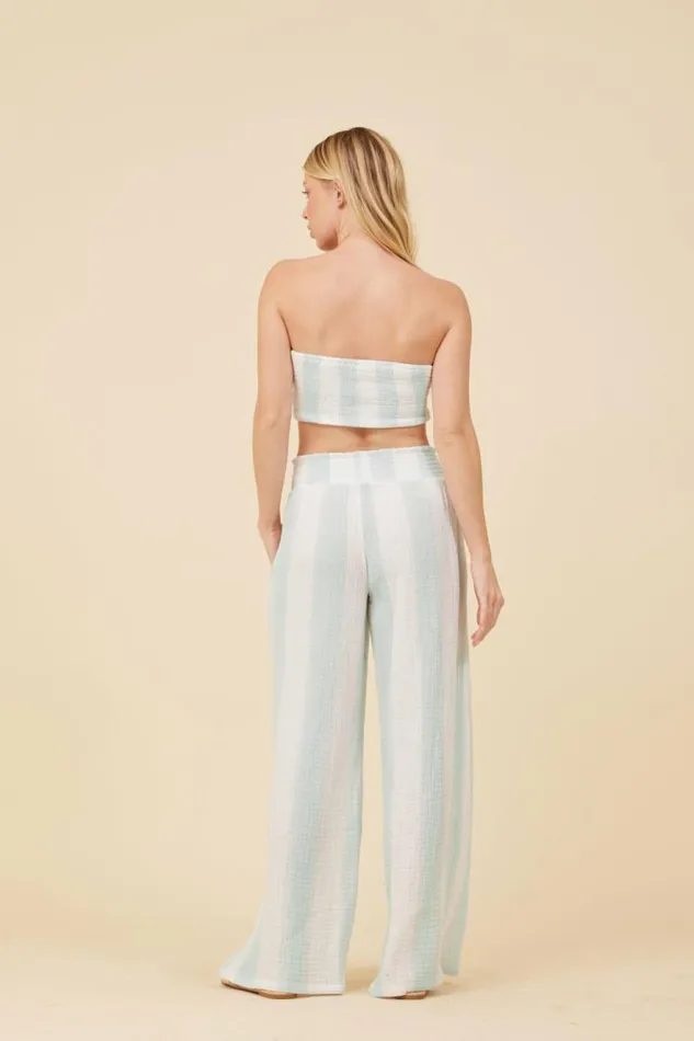 Women Vintage Havana Casual Tops Mint and White Cabana Stripe Gauze Bandeau Crop Top Mint White