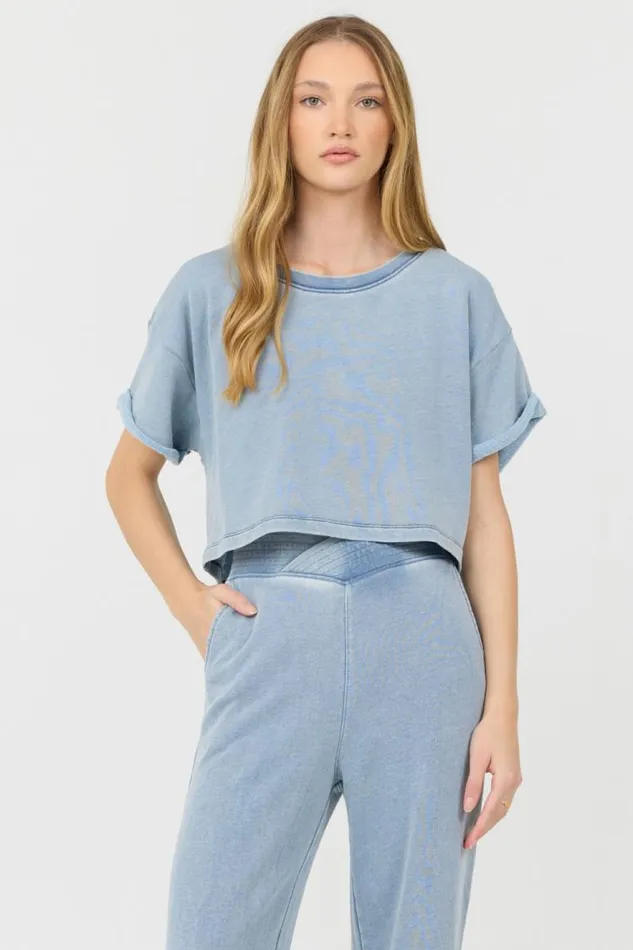 Women Vintage Havana Casual Tops Washed Denim Terry Fleece Cropped Shirt Washed Denim Women Vintage Havana Casual Tops Washed Denim Terry Fleece Cropped Shirt Washed Denim