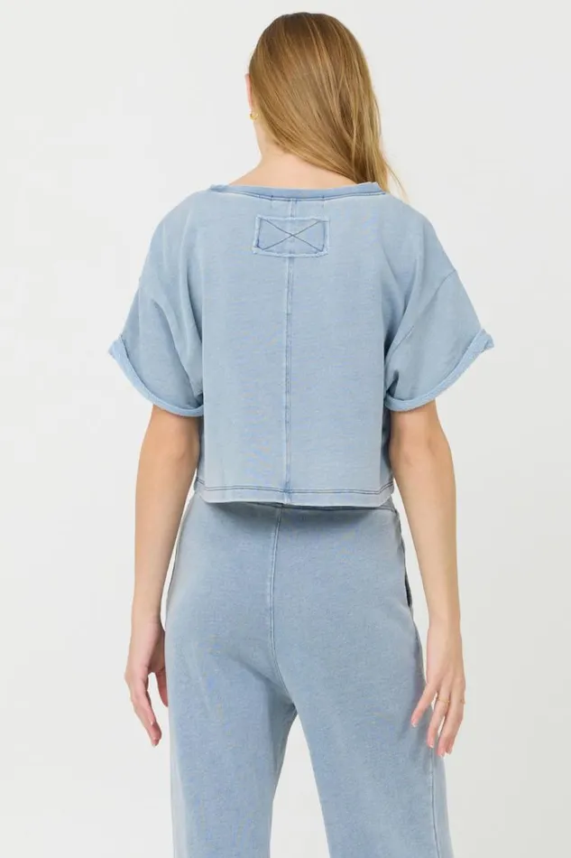 Women Vintage Havana Casual Tops Washed Denim Terry Fleece Cropped Shirt Washed Denim