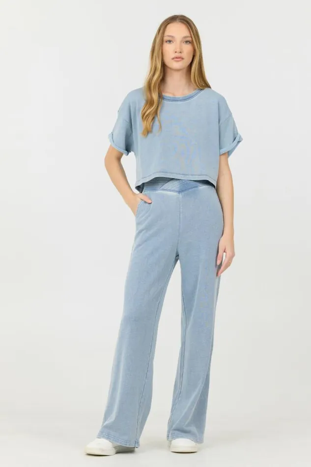 Women Vintage Havana Casual Tops Washed Denim Terry Fleece Cropped Shirt Washed Denim