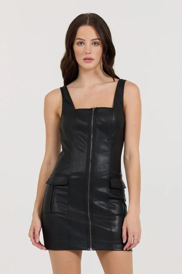 Women Vintage Havana Dresses Black Leather Zip Front Dress Black
