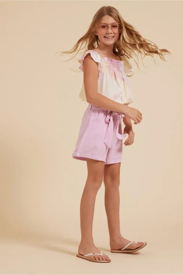 Women Vintage Havana Kids Bottoms Belted Button Up Shorts Light Pink