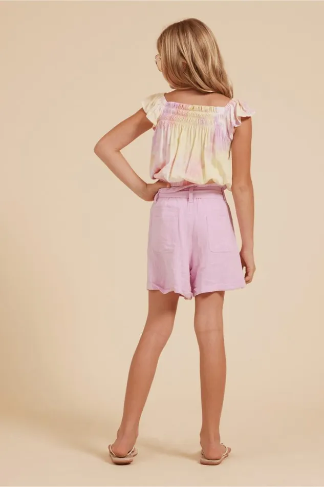 Women Vintage Havana Kids Bottoms Belted Button Up Shorts Light Pink