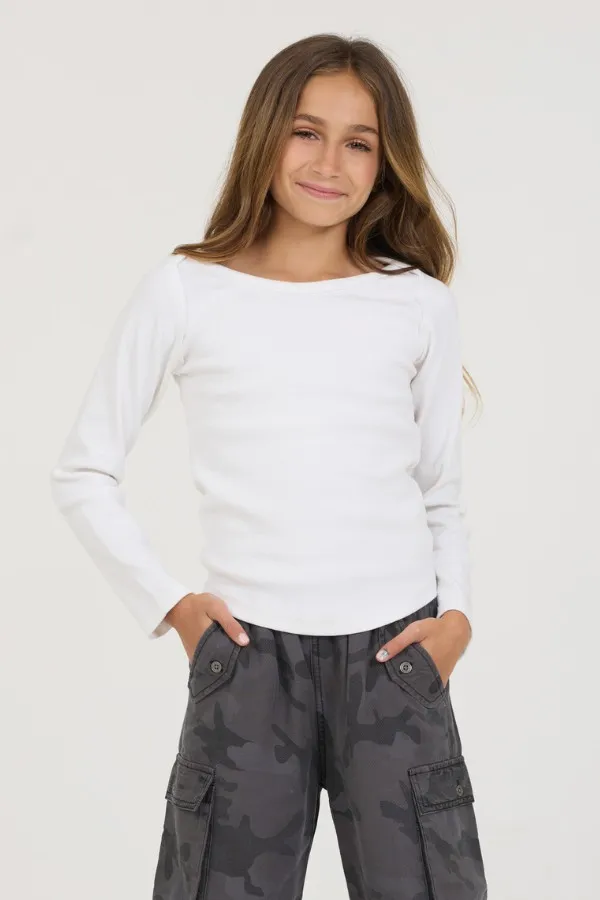 Women Vintage Havana Kids Tops Kids White Boatneck Ribbed Tee White