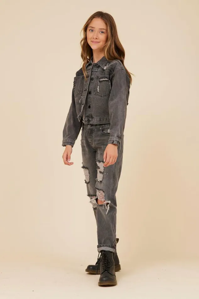 Women Vintage Havana Outerwear RHINESTONE FRINGE BLACK DENIM JACKET Denim