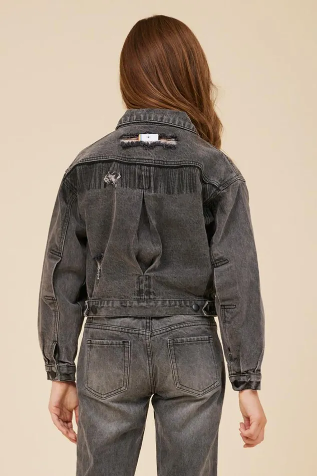 Women Vintage Havana Outerwear RHINESTONE FRINGE BLACK DENIM JACKET Denim