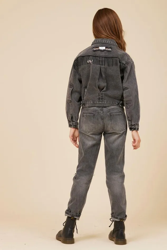 Women Vintage Havana Outerwear RHINESTONE FRINGE BLACK DENIM JACKET Denim
