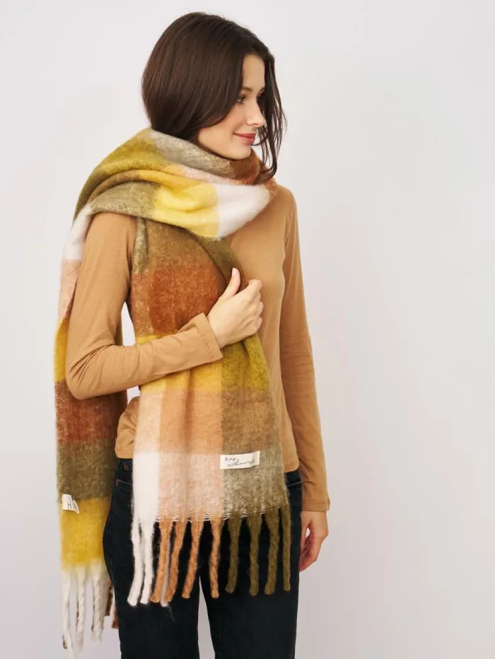 Women Vintage Havana Scarf Ruanas CHECK BRUSH TASSEL SCARF 8211 YELLOW Yellow