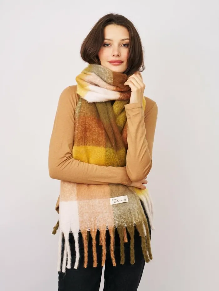 Women Vintage Havana Scarf Ruanas CHECK BRUSH TASSEL SCARF 8211 YELLOW Yellow Women Vintage Havana Scarf Ruanas CHECK BRUSH TASSEL SCARF 8211 YELLOW Yellow