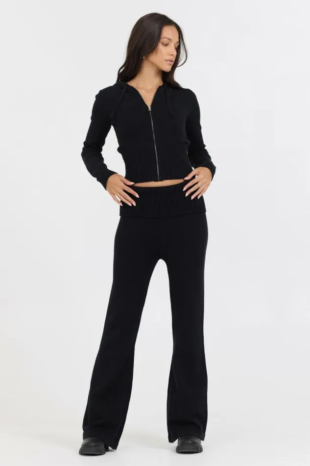 Women Vintage Havana Sweaters Black Slim Fit Knit Zip Up Black