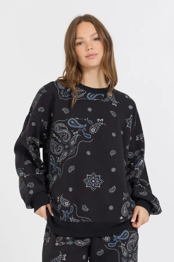 Women Vintage Havana Sweatshirts Black Bandana Printed Fleece Crewneck Black
