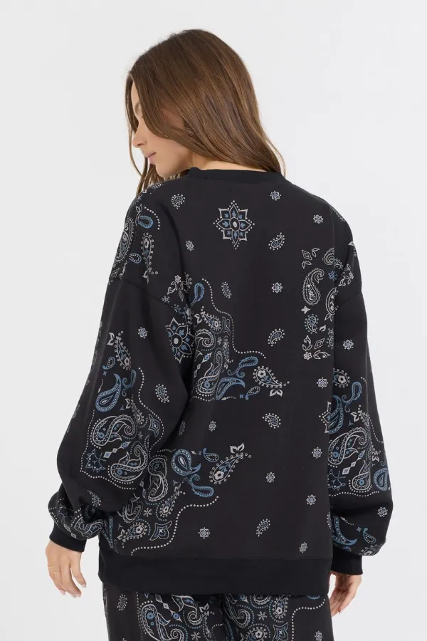 Women Vintage Havana Sweatshirts Black Bandana Printed Fleece Crewneck Black