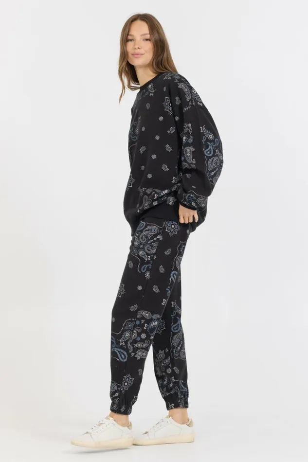 Women Vintage Havana Sweatshirts Black Bandana Printed Fleece Crewneck Black