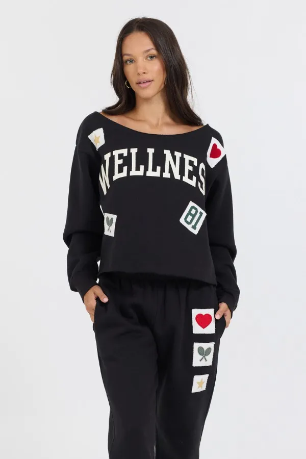 Women Vintage Havana Sweatshirts Black Novelty Patch GD Off Shoulder Black