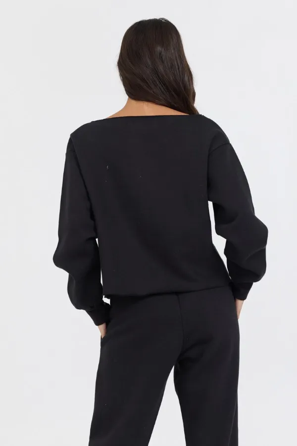 Women Vintage Havana Sweatshirts Black Novelty Patch GD Off Shoulder Black