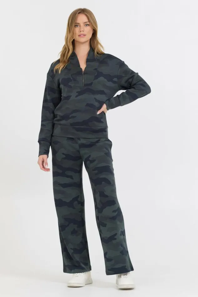 Women Vintage Havana Sweatshirts Onyx Camo Printed Cloud Fleece Quarter Zip Camo