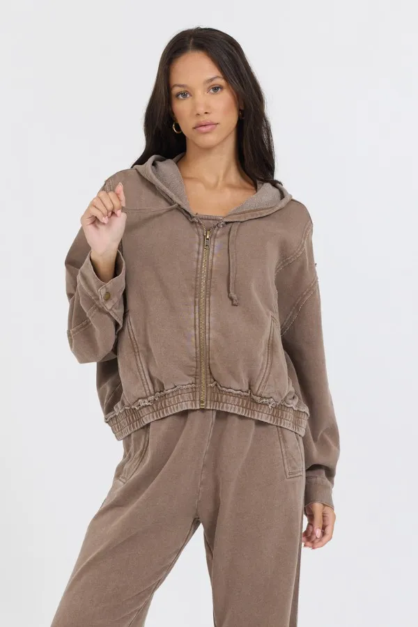 Women Vintage Havana Sweatshirts Washed Mocha Garment Dye French Terry Zip Up Hoodie Mocha Women Vintage Havana Sweatshirts Washed Mocha Garment Dye French Terry Zip Up Hoodie Mocha