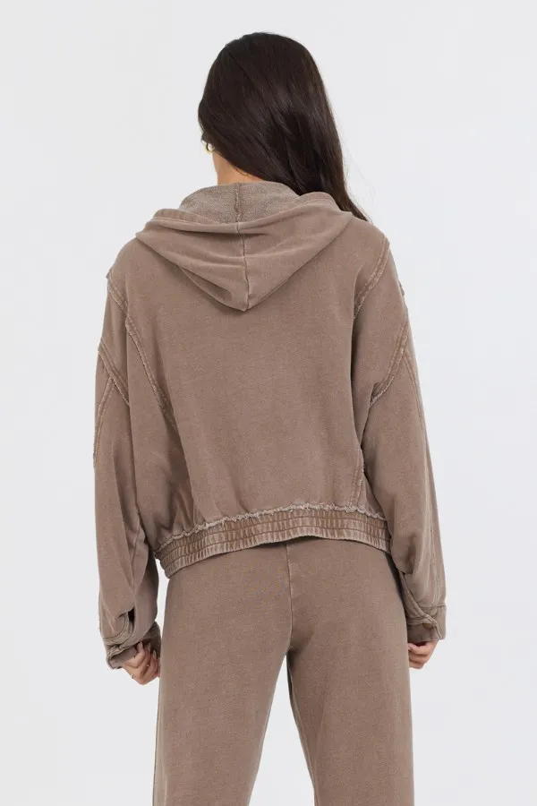 Women Vintage Havana Sweatshirts Washed Mocha Garment Dye French Terry Zip Up Hoodie Mocha